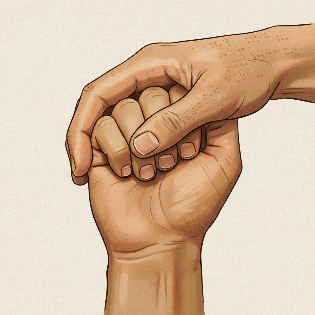 Close-up, professional illustration of two adult hands engaged in tactile communication: the bottom hand is a closed fist, and the top hand is facing down, gently closing over and touching the fist, conveying respectful, calm tactile connection between a blind person and another person. Neutral background, high contrast, warm but professional tone.