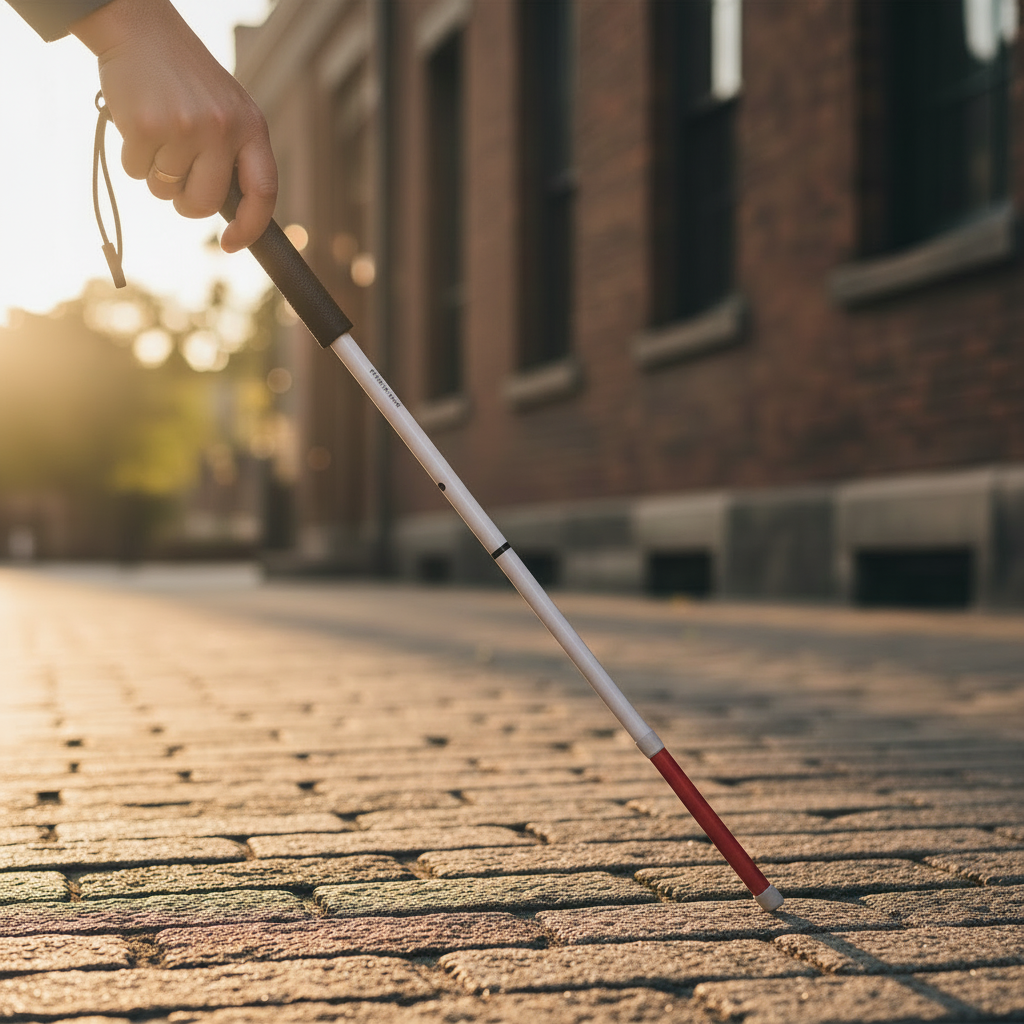 Edit this image so the adult hand becomes a child’s hand: smaller hand size, softer proportions, still holding the same white cane. Keep the close-up framing on just the single hand and cane.